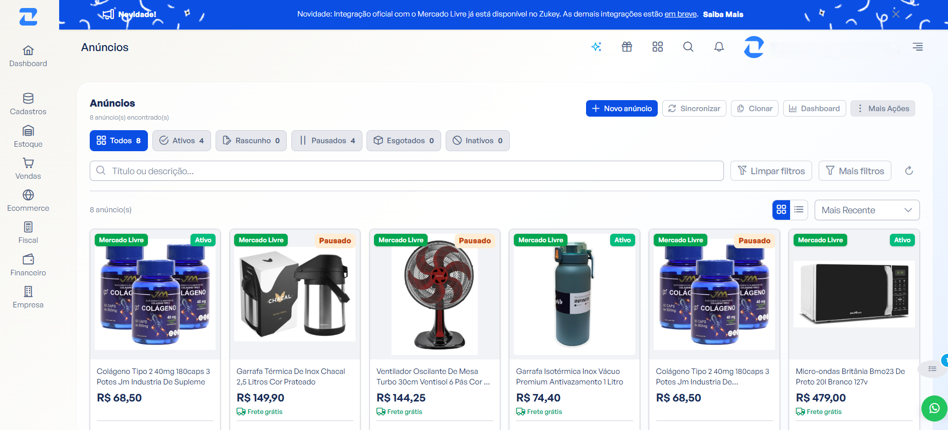 Gestão de anúncios marketplace no Zukey