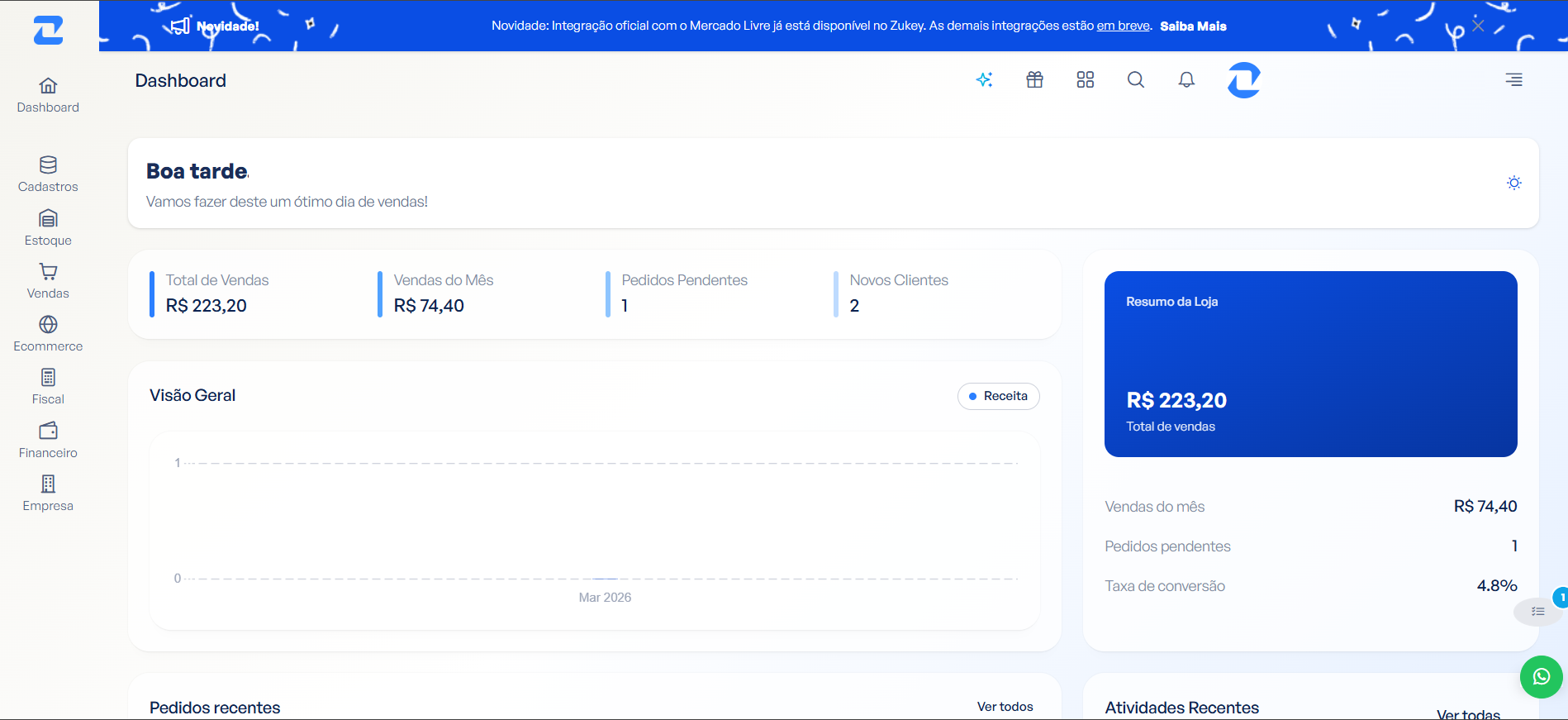 Dashboard Zukey com pedidos e estoque de marketplace